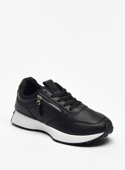 Buy Textured Sneakers with Zip Detail and Lace Up Closure Black in Saudi Arabia