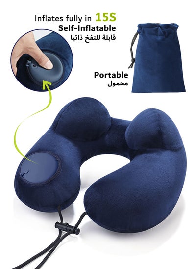 Buy Self-Inflating Travel Neck Pillow with Compact Bag – Soft Inflatable Airplane Pillow for 360-Degree Head Support , Comfort for Traveling, Long Flights, Car, Home, Office – Portable, Lightweight with Attachable Snap (Navy Blue) in UAE