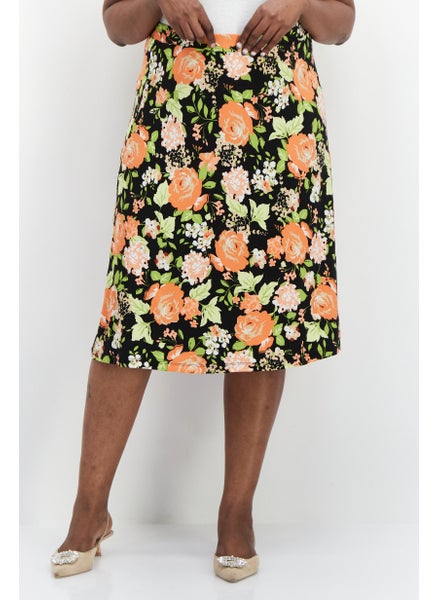 اشتري Women Plus Size Floral Printed Midi Skirt, Black Combo في الامارات