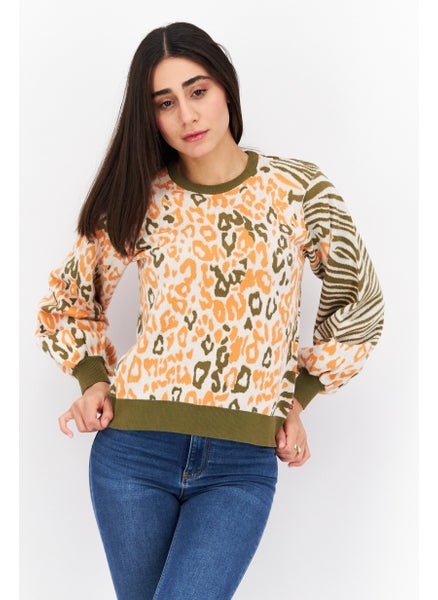 Buy Women Crew Neck Abstract Pattern Sweatshirt, Orange/Olive in UAE