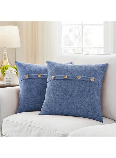 Buy Decorative Poly Jute Square Cushion Cover with Buttons Throw Pillow Cover for Living Room Couch Diwan Sofa, Modern 18 x 18 Inches / 45 x 45 cm (Color - Navy Blue)(Set of 2 Pieces) C5 in UAE