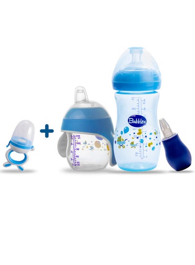 اشتري 150 cup and 280 ml bottle with nipple for 6 months old, mucus pump with Fruit Food Feeder teether Gift Blue في مصر