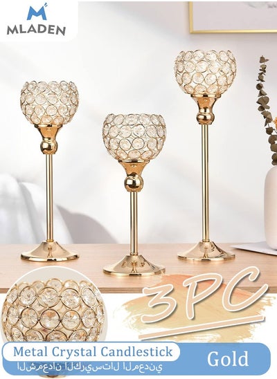 Buy Set of 3 Crystal Candlestick Holders Metal Crystal Bowl Candelabras  Elegant Crystal Candle Centerpiece Tall Crystal Candlestick Holders for Dining Table Wedding Decor (Gold) in Saudi Arabia