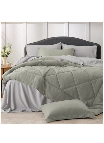 Buy Lightweight Comforter Set 6-Pcs Double Size Solid Bedding Comforter Sets With Plain Diamond Quilting And Down Alternative Filling,Lemon Grass in Saudi Arabia