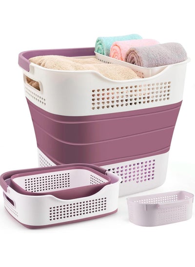 Buy Laundry Basket Large Foldable 40L with Handle, Collapsible Handled Plastic Washing Clothes Laundry Bin Container, Multi purpose Organizer Storage Washing Basket for Home - Pink in UAE