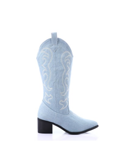 Buy Embroidered Denim Pointed Cowboy Boots - Baby Blue in Egypt