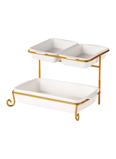 اشتري Shallow Porcelain 2-Tier Rectangular Serving Set with Gold Stand Rack - 2x 20cm and 30cm في الامارات