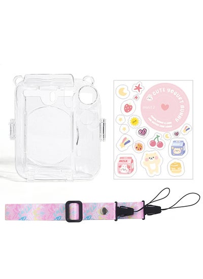 Buy Crystal Clear Camera Case For Fujifilm Mini 12 Instant Camera, Hard PC Cover with Adjustable Strap and Pocket & Decorative sticker - Pink in UAE