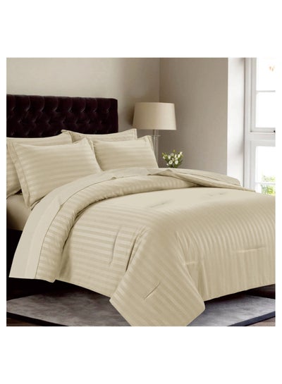 Buy 6-Piece Damask Stripes Hotel Style Comforter Microfiber Bartack Quilting King 260x240 Cms Beige in Saudi Arabia