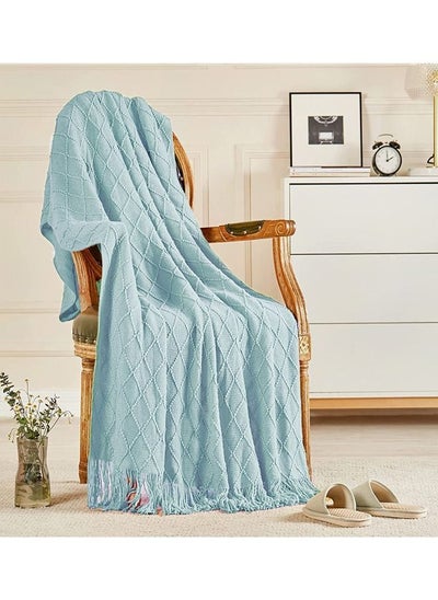 Buy Soft Cozy Knit Blanket with Tassels for Couch and Bed Blue in UAE