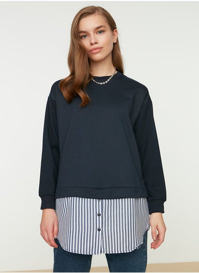 Buy Navy Blue Crew Neck Knitted Sweatshirt with Shirt Release from the Bottom TCTAW22TW0216 in Egypt