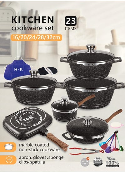 Buy 23-piece kitchen cookware set, casserole set and frying pan, with non-stick cookware set, glass lid, PFOA-free 16cm mMilk Pan + 20-24-28cm Casserole + 28cm Wok + 32cm Double-sided Frying pan + 10 Kichen item(Black） in Saudi Arabia