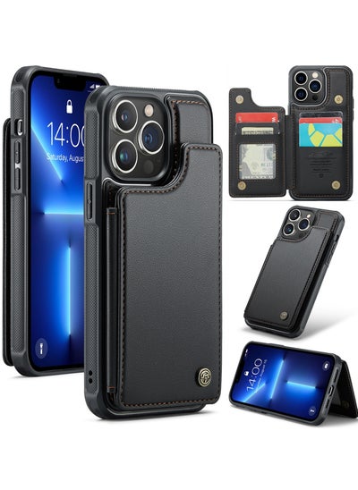 Buy Wallet Case for iPhone 13 Pro Max, Premium Handmade Durable PU Leather Slim Shockproof Case with [Double Magnetic Clasp] [Card Holder] [Kickstand] [RFID Blocking] (Black) in Egypt