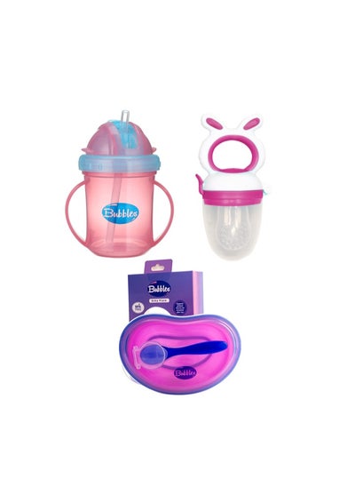 Buy Bubbles Set Baby Cup with Silicone Straw + Plate with Spoon and Cover + Fruit Teether Pink in Egypt