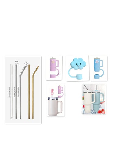 Buy 8 PCS /Set Stainless Steel Straws ,Reusable 1 PCS Cleaning Brush, 3 PCS straw cover, 4 PCS  Steel Straws in UAE