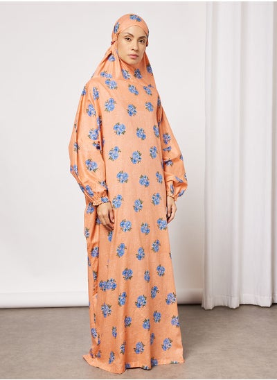 Buy Floral Printed Slip On One Piece Prayer Dress With Attached Hijab in Saudi Arabia