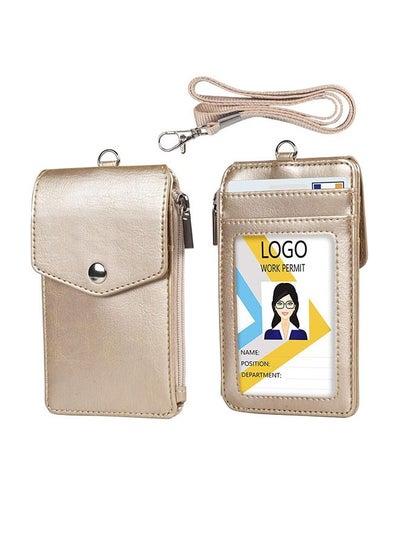 Buy Badge Holder with Side Zip Pocket, Multiple Card Slots Leather ID Holder Wallet with Neck Lanyard for Office Staffs, Teachers/Students, Couriers, Workers,（Golden） in Saudi Arabia