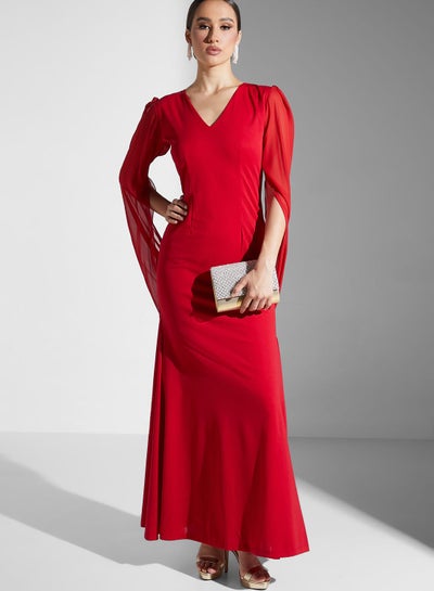 Buy Slit Sleeve V-Neck Tiered Dress in UAE