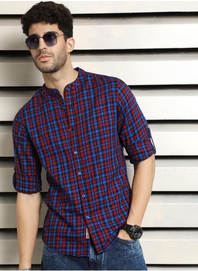 Buy Men Mandarin Collar Checked Pure Cotton Casual Shirt in UAE