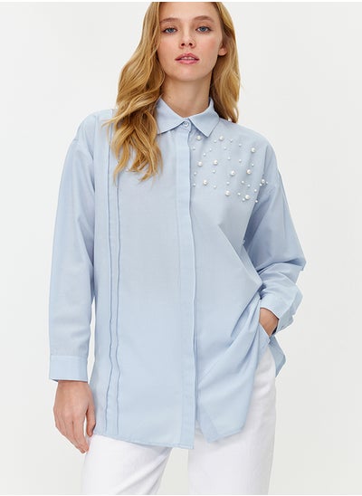 Buy Blue Pearl Detailed Cotton Woven Shirt TCTSS24TG00032 in Egypt