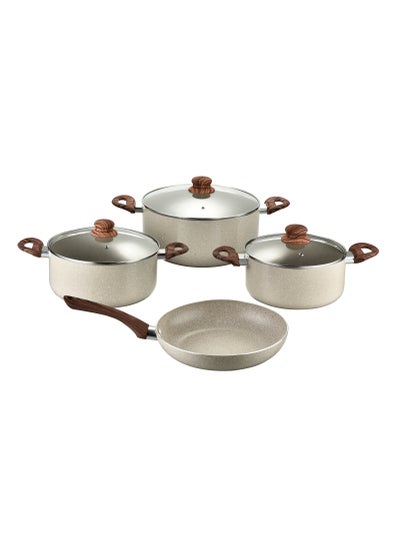 Buy granite cookware set 7 piece  with a thermal glass lid beige color in Saudi Arabia