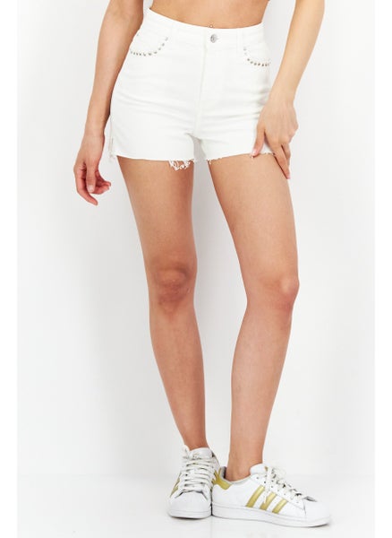 Buy Women Regular Fit Solid Basic Denim Shorts, White in UAE