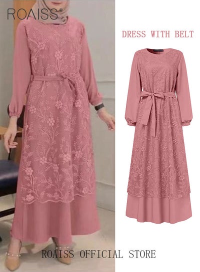 Buy Women's Round Neck Gown Lace Decoration Long Sleeve Waisted Loose Long Dress in Saudi Arabia