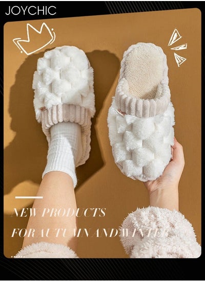 Buy Female Autumn and Winter Home Flat Slippers Cotton Warm Windproof Breathable Anti-slip Bedroom Slippers for Women White in UAE