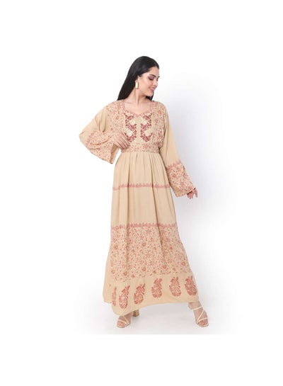 Buy EMBROIDERED AND PRINTED WITH BELT LONG VISCOSE ARABIC JALABIYA DRESS in UAE