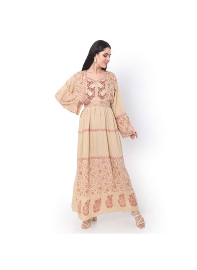 Buy EMBROIDERED AND PRINTED WITH BELT LONG VISCOSE ARABIC JALABIYA DRESS in UAE