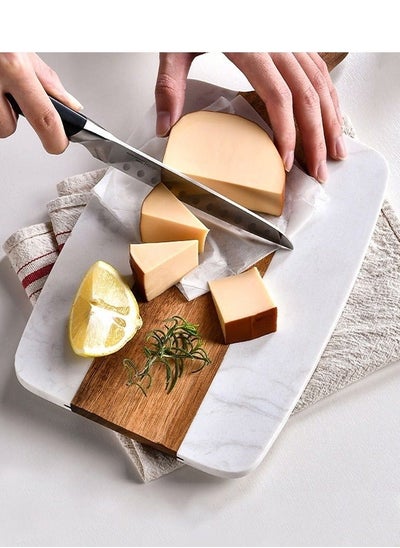 Buy Wooden and Marble Cutting Board with Handle - Ideal for Steak, Fruits, and Bread - Elegant White Serving Board in Saudi Arabia