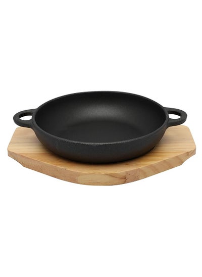 Buy 19cm Round Cast Iron Skillet With Side Handles And Wooden Base | Oven Safe Cast Iron Roasting Pan in Saudi Arabia