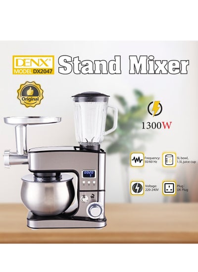 اشتري 3 IN 1 Stand Mixer, Tilt Head Multifunctional Electric Mixer with 5 QT Stainless Steel Bowl, 1.5L Glass Jar, Meat Grinder, Hook, Whisk, Beater Safe في السعودية