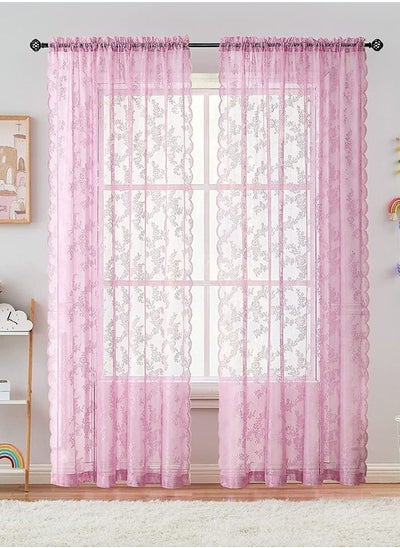 اشتري 2-Piece Rod Pocket Rose Florals Lace Sheer Window Curtains for Bedroom/Living Room/Kitchen Pink في الامارات