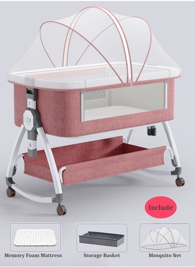 Buy Baby Crib, Aluminum Alloy Baby Crib with High Quality, Baby Bedside Sleeper, Portable Movable Folding Crib Baby Bassinet, Travel Crib (Includes Mattress, Storage Basket, Mosquito Net)-Pink in Saudi Arabia