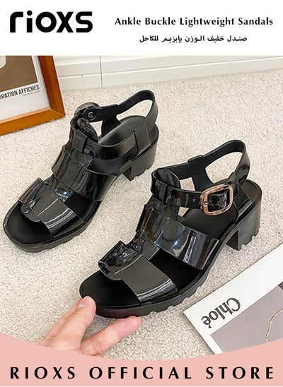 Buy Women's Fashion Chunky Heel Casual Sandals Hollow Roman Sandals Open Round Toe Ankle Buckle Lightweight Sandals in UAE