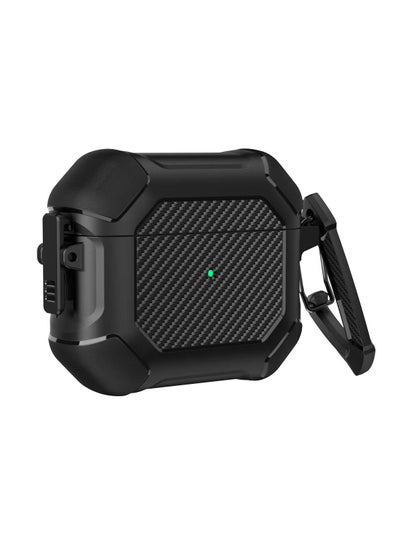 اشتري QRG Case for AirPods Pro 2nd generation 2022, Secure Lock Clip Full Body Shockproof Hard Shell Protective Carbon Fiber Case Cover with Keychain for AirPods Pro 2 (Black) في الامارات