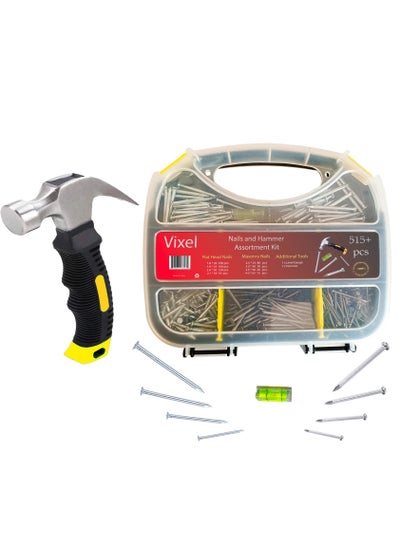 Buy VIXEL 520+ pcs of Flat Head and Concrete Nails Assortment Kit with Hammer and Level Gauge in UAE