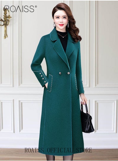 Buy Women Contrast Binding Dual Pocket Overcoat Women Stylish Coat Warm Pure Color Long Jacket Women Outwear Slim High Quality Women Jackets in UAE