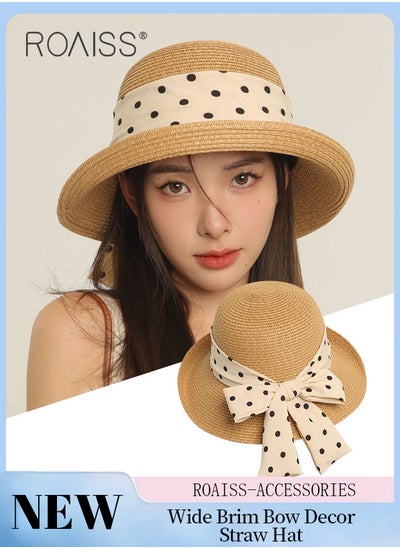 Buy Women's Wide Brim Bow Decor Straw Hat, Holiday Straw Beach Hat with Polka Dot Ribbon Decoration, Suitable for Outdoor Travel Vacation in Saudi Arabia