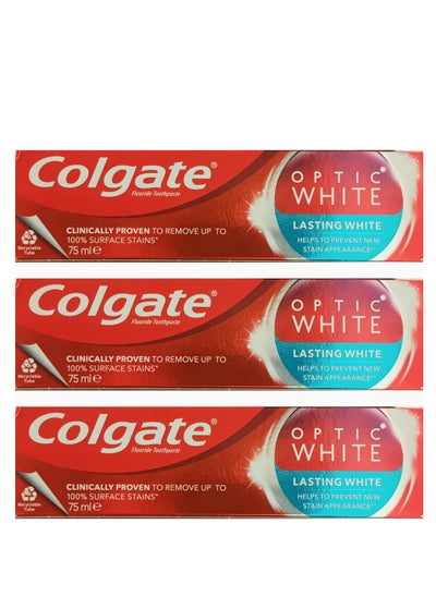 Buy Colgate Pack Of 3 Optic White Lasting Whitening Toothpaste 75ml in Saudi Arabia