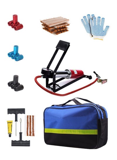 Buy Essential Car Tire Maintenance Kit: 4pcs Valve Caps, 50 Tubeless Repair Strips, Multi-Purpose Foot Pump, Gloves & Emergency Tools in UAE