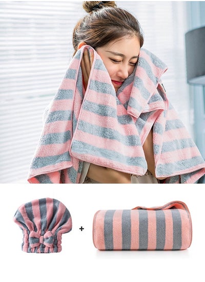 Buy Bath Towel+Dry Hair Cap, Thickened Striped Bath Towel, Absorbent Beach Towel， 140 * 70cm in Saudi Arabia