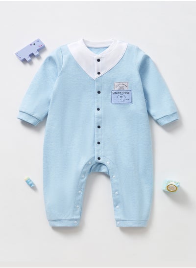 Buy Baby Clothes Cotton One Piece Romper Solid Color with Button Long Sleeve Breathable Jumpsuit Outfit for Newborn Child with Lapel Neck in Saudi Arabia