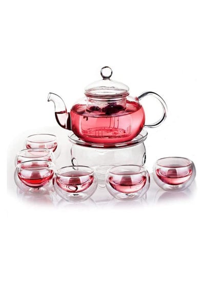 Buy 600ml Teapot Set With 6 Cups And Burner Clear in UAE