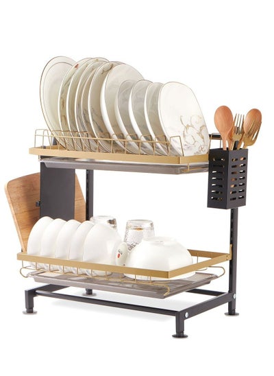 Buy Dish Drying Stand, Adjustable 2 tier Dish Rack, Stainless Steel Holder Dish Drying Rocks for Kitchen, Black gold in UAE