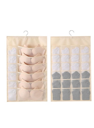 Buy Bra Organizer, for Closet with Mesh Pockets & Rotating Metal Hanger, Dual Sided Wall Shelf Wardrobe Storage Bags Pockets, Space Saver Bag for Socks Underwear Underpants, Beige (12+24 Grids) in UAE