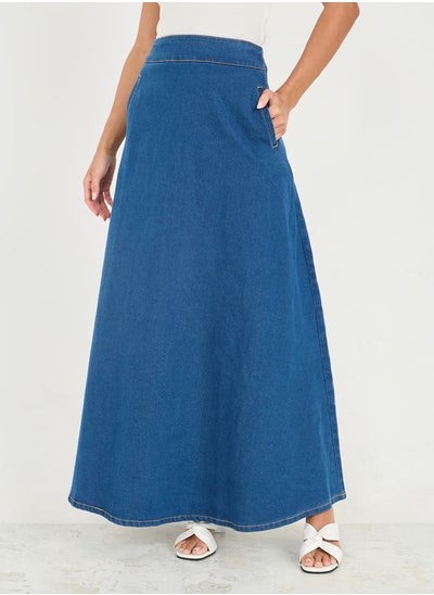 Buy Solid Denim Maxi Skirt with Pocket in Saudi Arabia