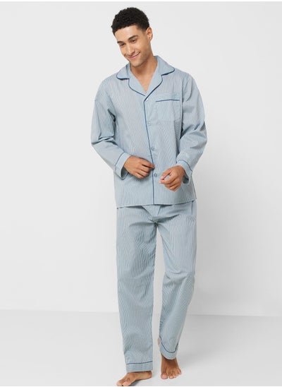 Buy Men'S Walter Grange Traditional Printed Poly Cotton Pyjama - Blue Stripe in UAE