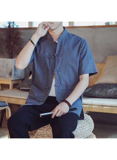 Buy Summer Tang Suit Mens Loose Collar Chinese Hanfu Cotton Linen Shirt Dark gray in Saudi Arabia